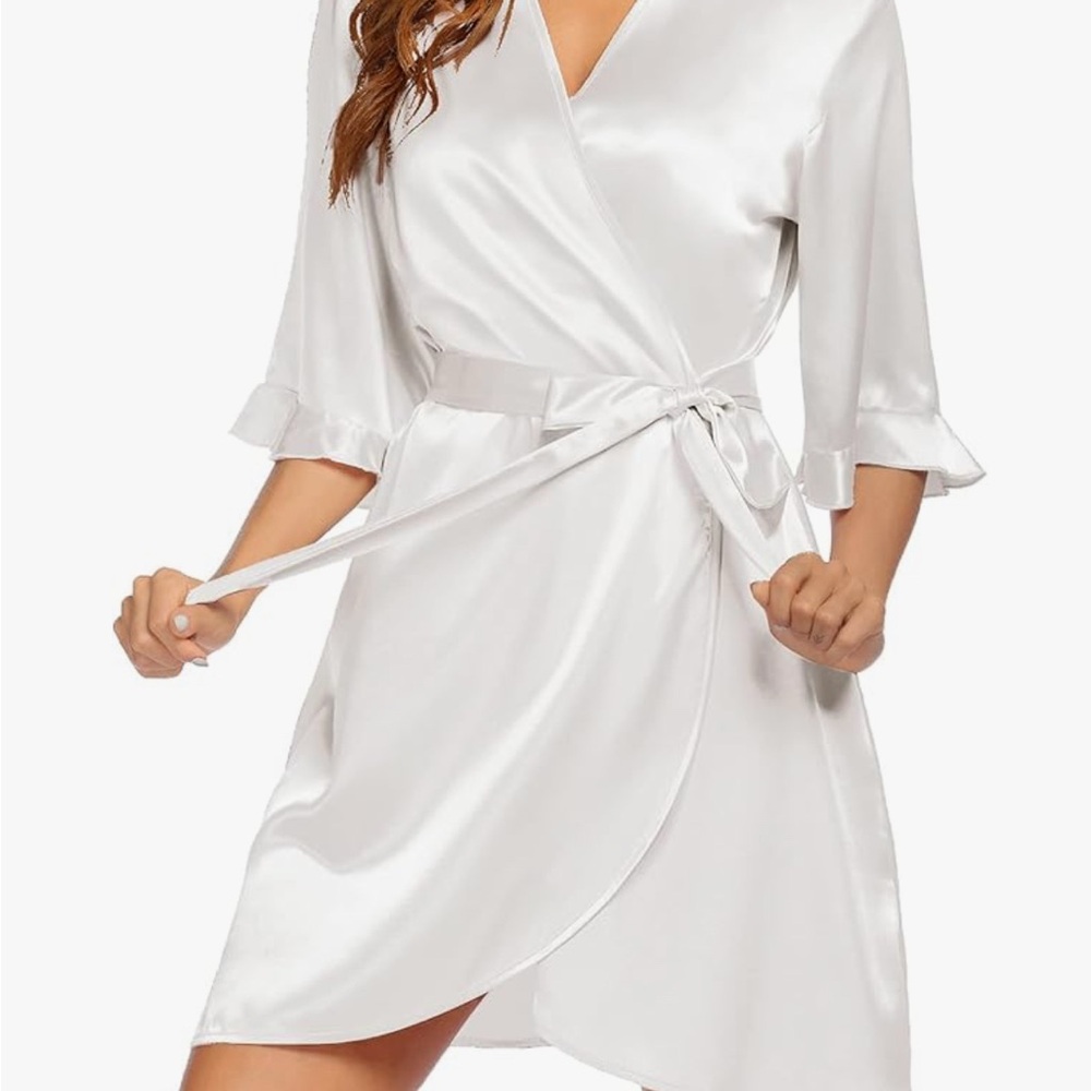 White Satin Wrap Robe with 3/4 Sleeves